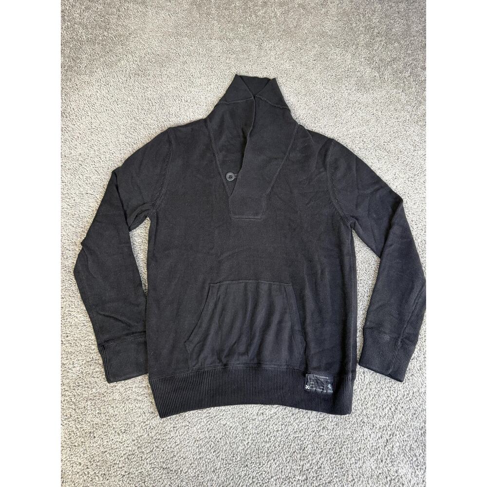 Express Sweater Mens M Black Waffle-Knit Collared Pullover Pockets Button